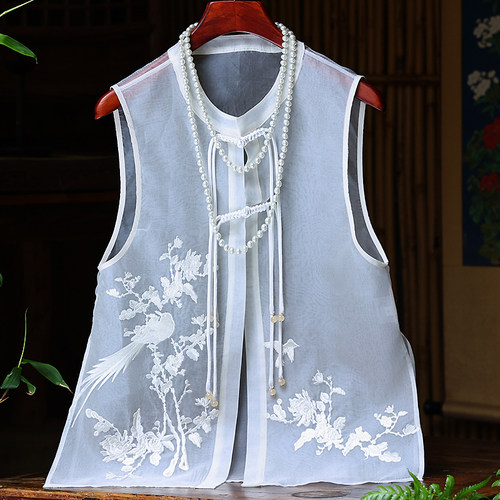 安娜滕民族风圆领刺绣真丝女马甲