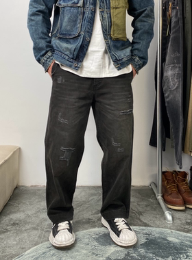 复古磨破补丁阔腿裤男士宽松休闲长裤水洗做旧人字纹棉感裤子5023