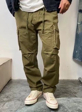 水洗做旧毛边工装裤男士纯棉宽松直筒裤多口袋休闲长裤裤子男5021