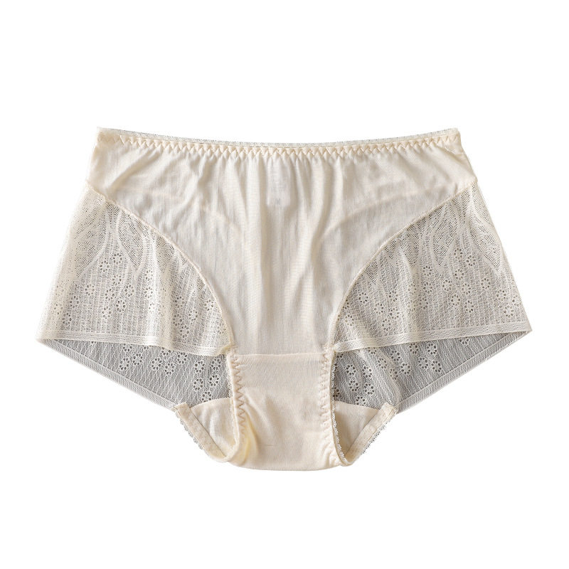 100%桑蚕丝女士中腰平角裤 蕾丝拼接性感透气无痕裸感真丝内裤