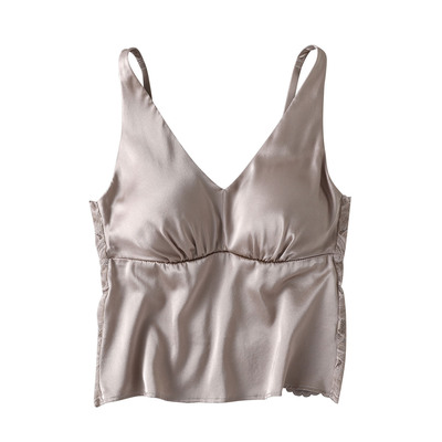 法式缎面真丝免穿文胸背心 性感蕾丝柔软亲肤桑蚕丝V领美背内衣