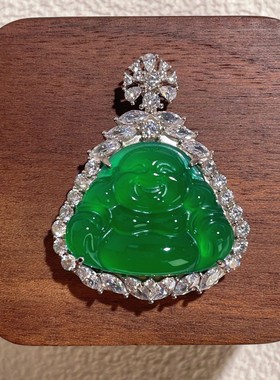 s925纯银首饰天然高冰绿玉髓佛公吊坠翡翠帝王绿色国潮弥勒佛挂坠