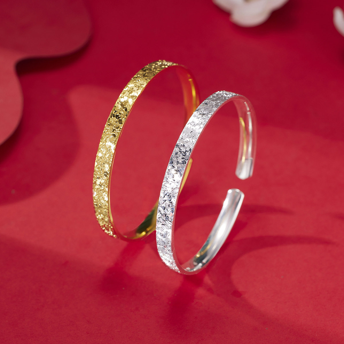 精工碎冰冰宽边素手镯s925纯银镀黄金色爆闪亮女开口手环爆款手饰
