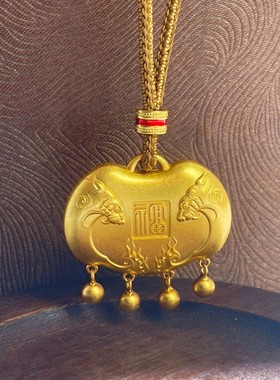 s925纯银镀黄金色新中式福字长命锁吊坠编织绳毛衣链国潮挂坠项链