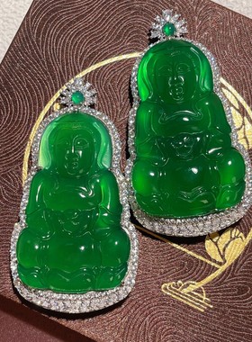 s925纯银饰天然高冰绿玉髓观音吊坠翡翠帝王绿色莲花菩萨颈饰挂坠