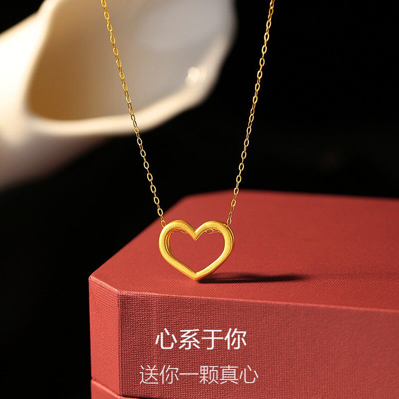 包金黄金包银首饰品女黄金色爱心桃心形小吊坠镀金项链送女友礼物