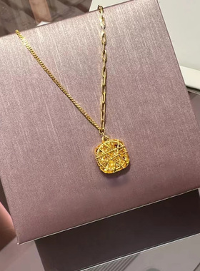 时尚S925纯银镀黄金色项链吊坠拉丝小方糖时尚轻奢锁骨链子银饰品