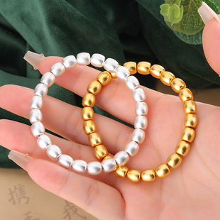 s925纯银镀黄金色手饰新款新中式古法银桶珠子银手串情侣银珠手链
