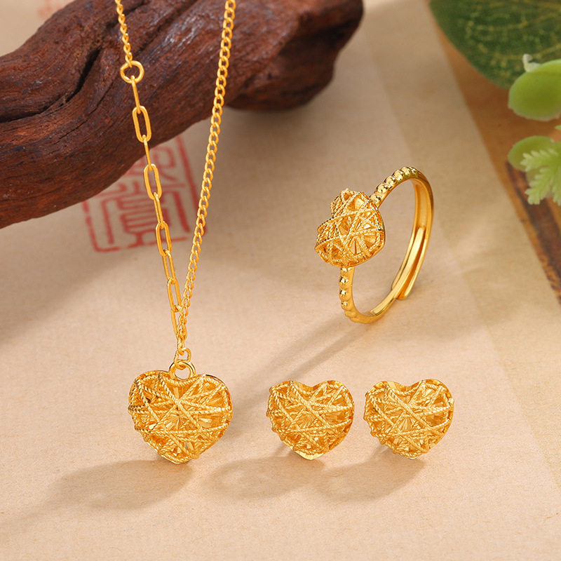 s925纯银镀黄金色新款爱心型方糖项链女爆闪花丝精致戒指耳钉心形