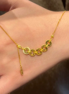 S925纯银镀黄金色钱多多五帝币项链新中式碎冰冰钱币吊坠女锁骨链