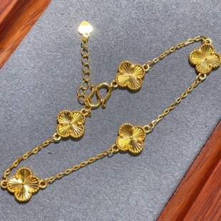 s925纯银镀黄金色幸运四叶草手链时尚车花工艺镭射爆闪亮五花手串