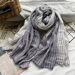 外贸简约条纹棉麻围巾男女高级感轻奢撞色小流苏披肩装饰丝巾围脖