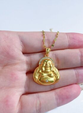 S925纯银镀黄金色新款民族风大肚佛公吊坠项链金佛弥勒佛锁骨链女