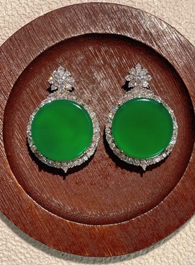 s925纯银饰新款天然高冰绿玉髓圆形无事牌吊坠翡翠绿色女颈饰挂坠