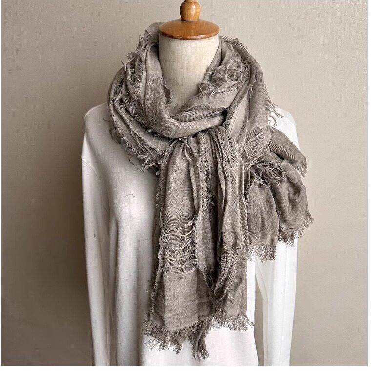 潮废土风做旧棉麻围巾毛边复古脏染战损版春秋冬款薄款乞丐巾男女