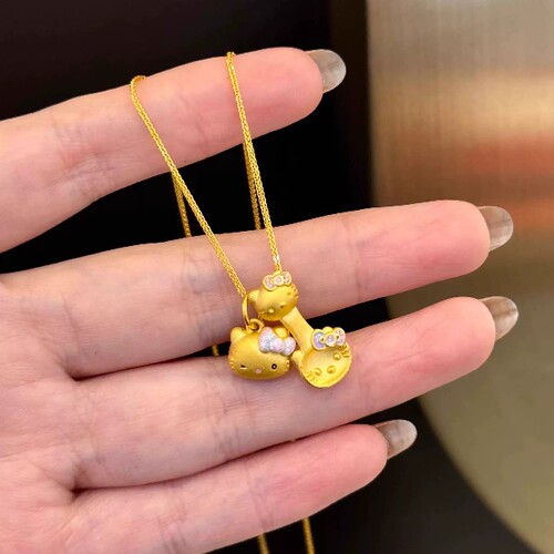 新款时尚黄金包银黄金色凯蒂猫叉KT猫勺子吊坠HelloKitty猫项链女