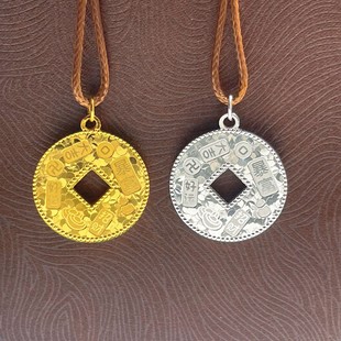 s925纯银镀黄金色民族风吉言钱币吊坠爆闪亮编织绳毛衣链轻奢挂坠