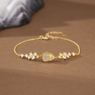 s925纯银镀黄金色新款天然高冰玉髓蝴蝶结葫芦手链女国潮戒指手饰