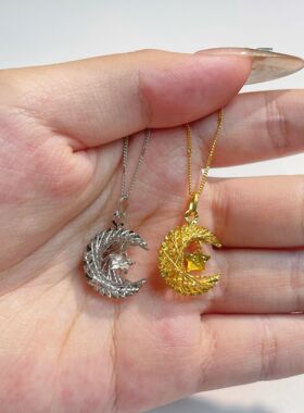 s925纯银镀黄金色星月织梦网项链女碎冰冰锤纹爆闪满天星饰品礼物