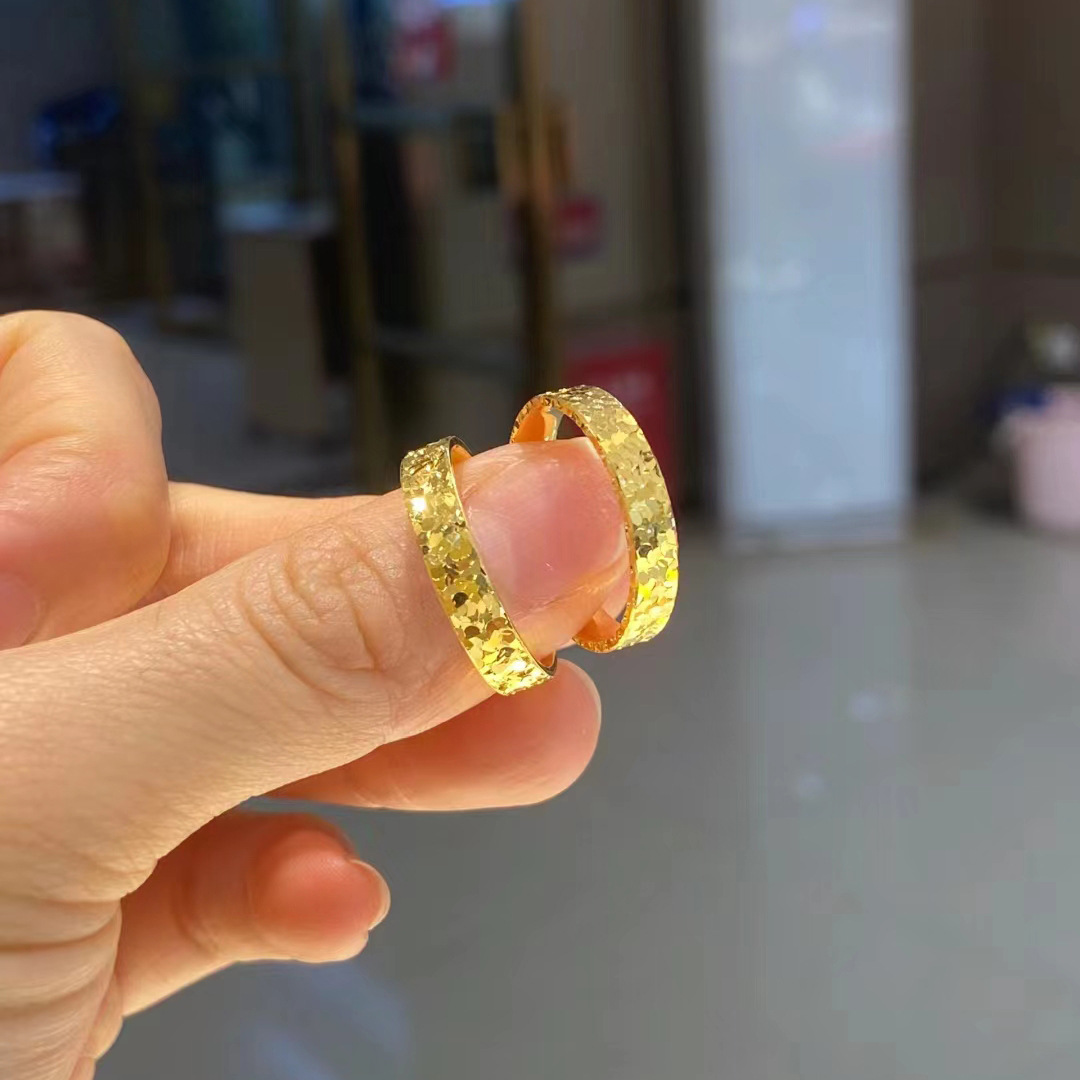 足银999纯银镀黄金色碎冰冰光面爆闪亮戒指开口男女指环轻奢手饰