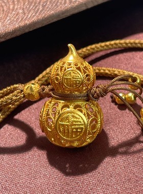 s925纯银镀黄金色福字镂空拉丝葫芦编织绳毛衣链福禄男女项链挂坠