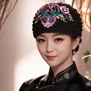 冬季发带女护额头毛线帽子保暖民族风刺绣休闲发箍弹力复古包头