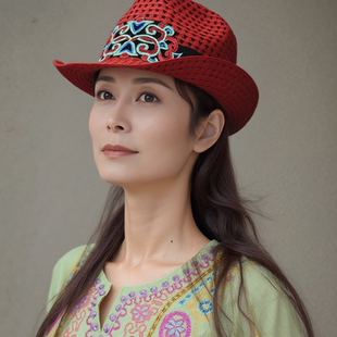 紅色中老年舞蹈隊民族風(fēng)繡花草帽女超輕透氣防曬帽禮帽夏季 演出帽