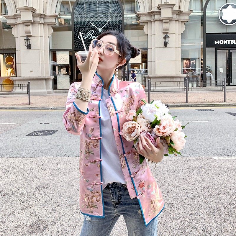 洋气时尚中国风嘻哈中式外套女中长款宽松国潮粉色盘扣旗袍唐装女