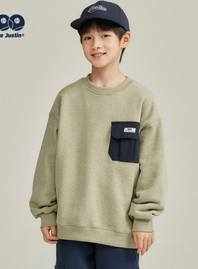 JUSTIN童装男孩冬季抓绒一体绒圆领上衣儿童保暖柔软套头口袋卫衣