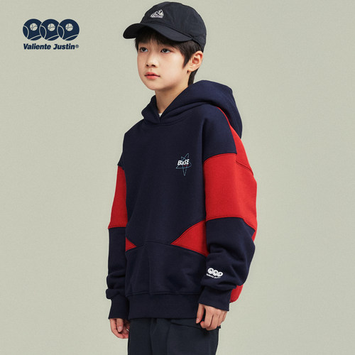 JUSTIN大男孩拼色连帽红色卫衣