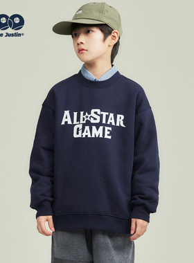 JUSTIN童装儿童冬季加绒圆领套头保暖卫衣男孩印花美式打底衫上衣