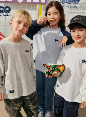 JUSTIN童装中大童圆领绣花徽标套头长袖打底衫青少年感纯色T恤