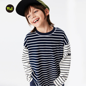 基础拼接撞色条纹长袖 JUSTIN童装 儿童四季 圆领T恤男童日系打底T恤