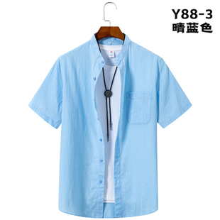 夏季 宽松透气棉料寸衫 竹节棉仿亚麻休闲短袖 薄款 全棉上衣 衬衫 男士