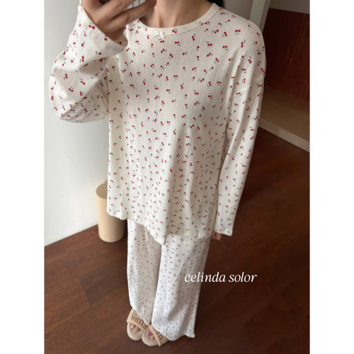 娇阳 韩系温柔  简单大方 柔软舒服100%棉小樱桃睡衣套装家居服