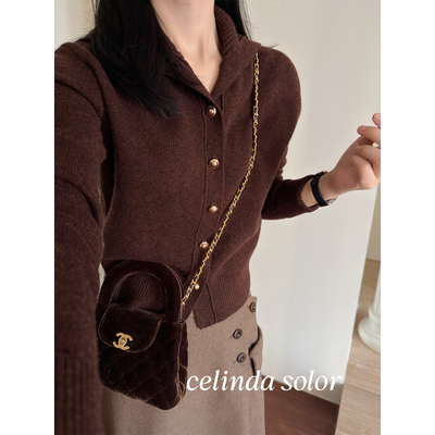 娇阳 大牛货！高知女性 厚款！康赛妮花纱羊绒羊毛栗棕金扣开衫