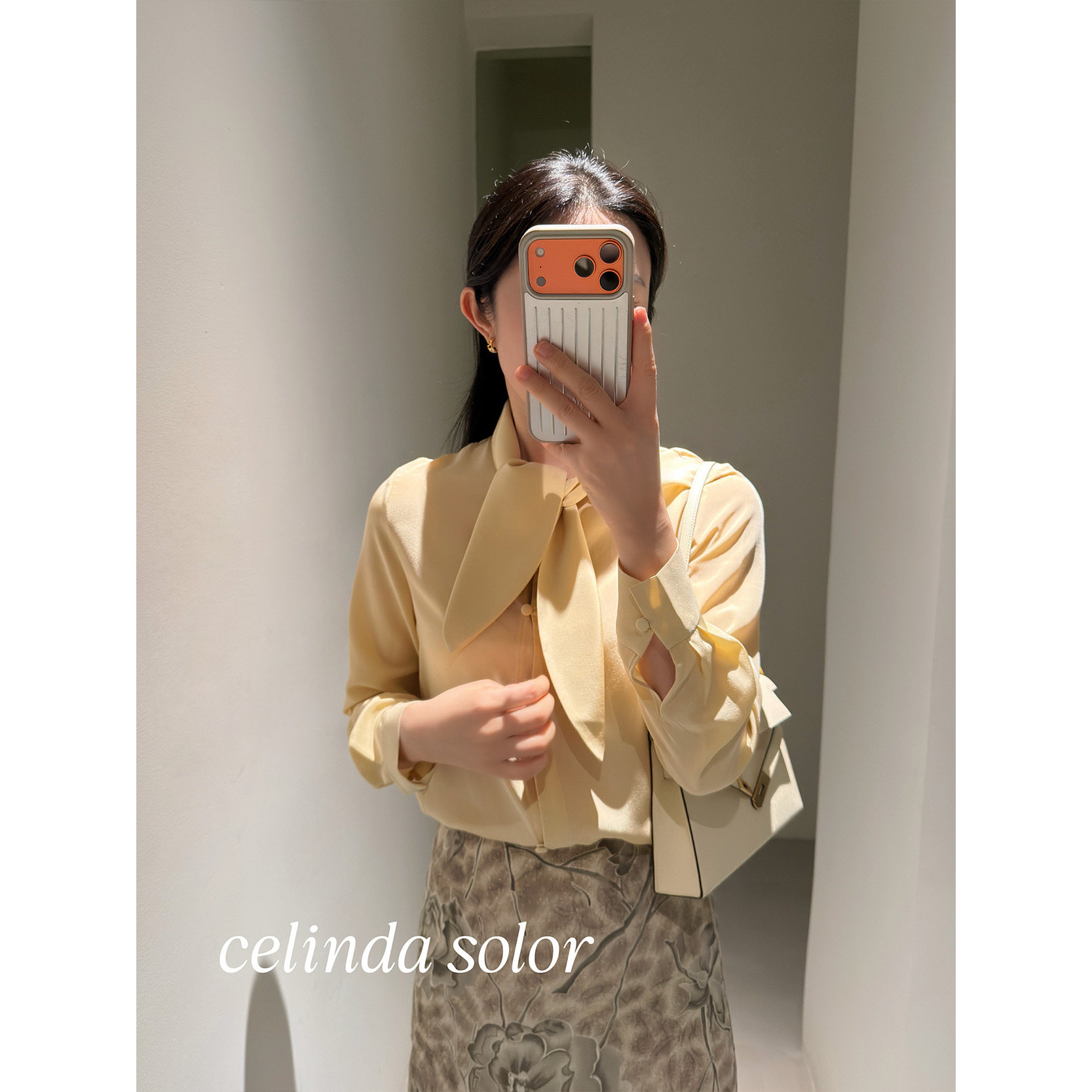 娇阳 温柔优雅！淡淡的奶油黄  加厚100%真丝飘带蝴蝶结衬衫上衣