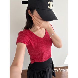 娇阳 福利！穿上舍不得脱 天然透气花纱点子纱亚麻混纺V领短袖T恤