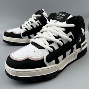 撤柜正品捡漏黑白拼色板鞋男厚底增高真皮面包鞋春季百搭潮鞋牛皮