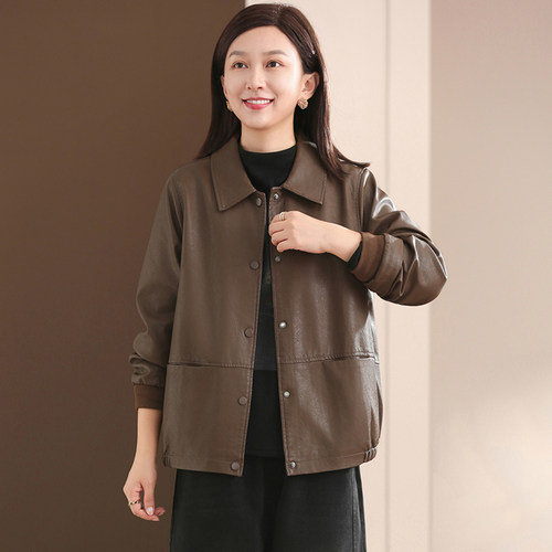 孔雀飞飞 专柜品质 秋装韩版大码遮肉复古休闲皮衣女款2025新款