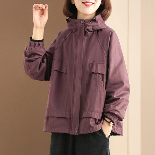 孔雀飞飞 原创 韩版大码遮肉纯色休闲连帽纯色气质风衣外套女春秋