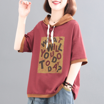 孔雀飞飞夏装韩版大码字母印花连帽套头休闲t恤女款2025新款爆款