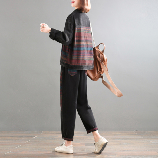 孔雀飞飞 闭眼入 春装新款韩版大码复古两件套洋气休闲牛仔套装女