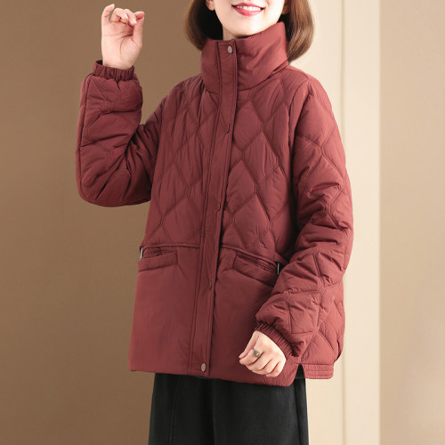 孔雀飞飞 原创设计 2024冬装新款韩版大码菱形格复古棉衣外套女