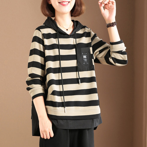 孔雀飞飞秋装韩版大码遮肉连帽套头休闲复古时髦条纹卫衣2024新款