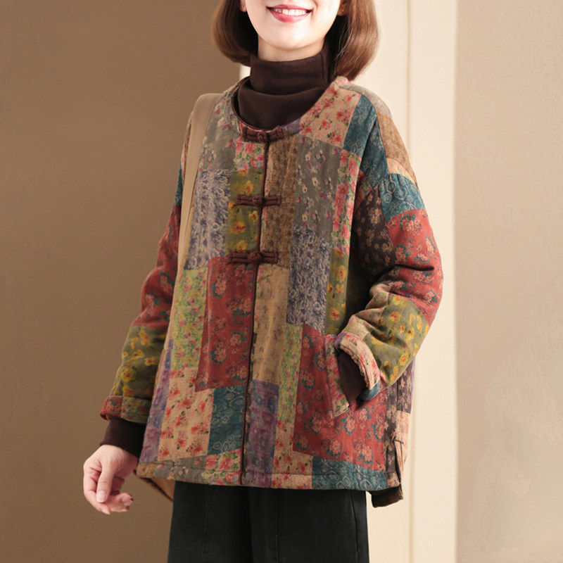 孔雀飞飞 原创设计 韩版大码印花复古盘扣半高领休闲棉衣外套女,女装/女士精品,棉衣/棉服,淘宝优惠券,粉丝福利购,淘宝优惠卷