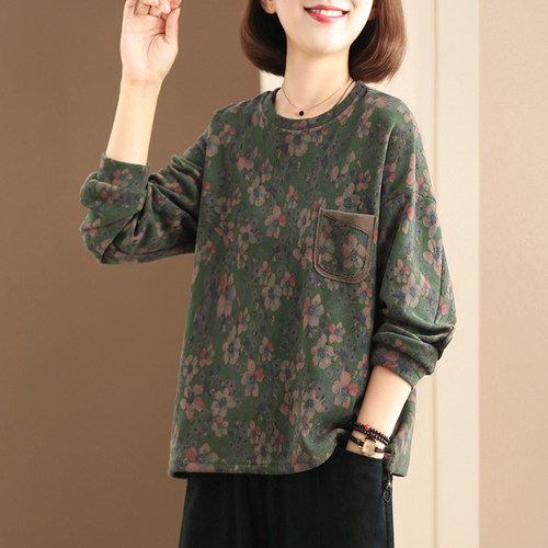 孔雀飞飞2024秋装韩版大码遮肉洋气印花套头复古休闲卫衣女