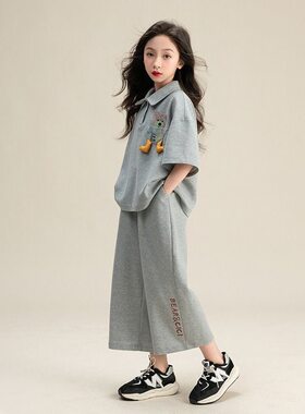 网红女童休闲套装中大童时髦洋气纯色夏季新款短袖上衣下裤两件套