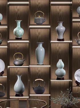中式宋代美学茶室氛围布置茶柜博古架瓷器工艺品摆件茶壶陶瓷花瓶
