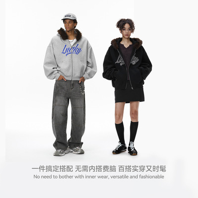 NOMORE男装|美式复古连帽加绒卫衣外套25新品字母毛绒领宽松廓形